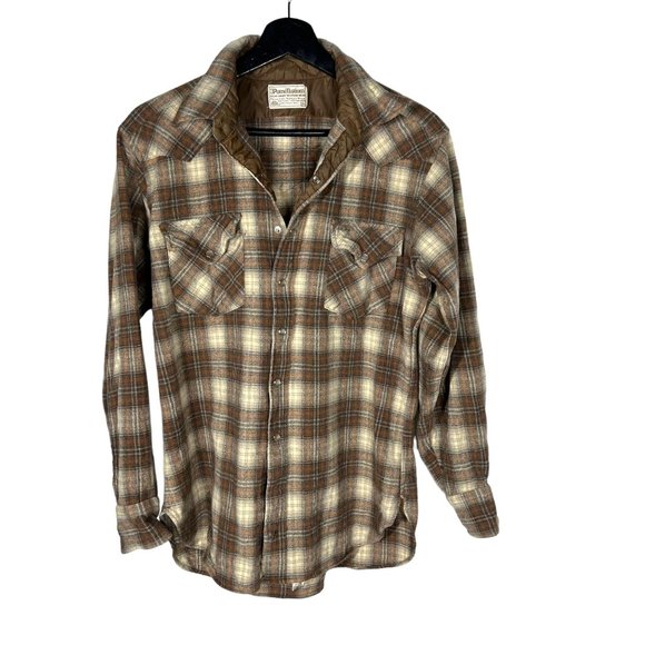 Vintage 70s Pendleton Brown Plaid Western Yoke Long Sleeve Pearl Button Up Large - Picture 1 of 7